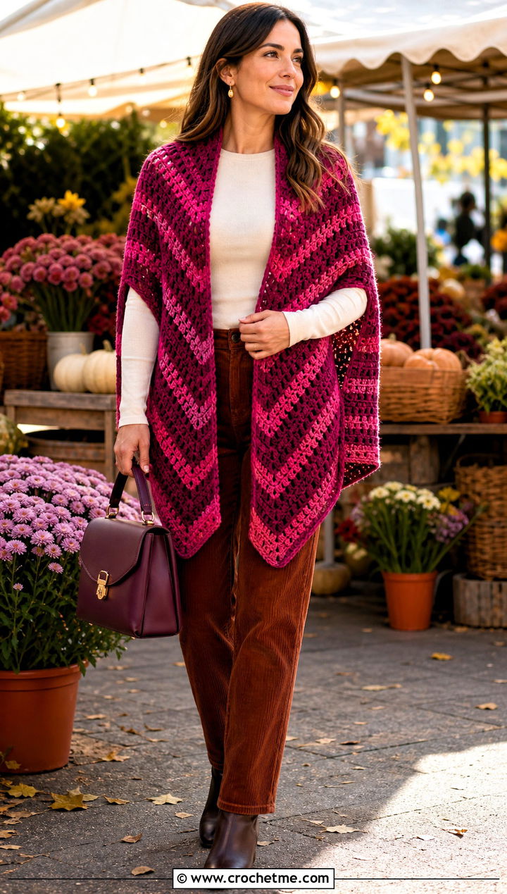 Chevron Crochet Shawl With Arm Holes And Corduroy Pants - 30 crochet shawl with arm holes outfit ideas