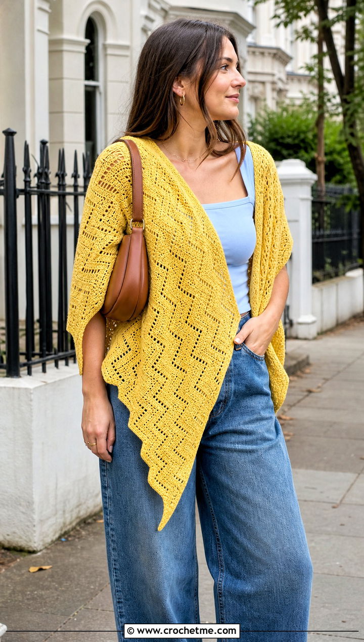 Chevron Crochet Shawl With Barrel Leg Jeans - 25 Vintage Crochet Shawl outfit ideas