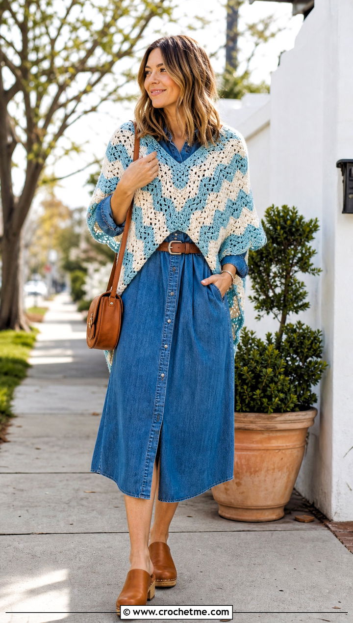 Chevron Crochet Shawl With Denim Dress - 25 Simple Crochet Shawl outfit ideas