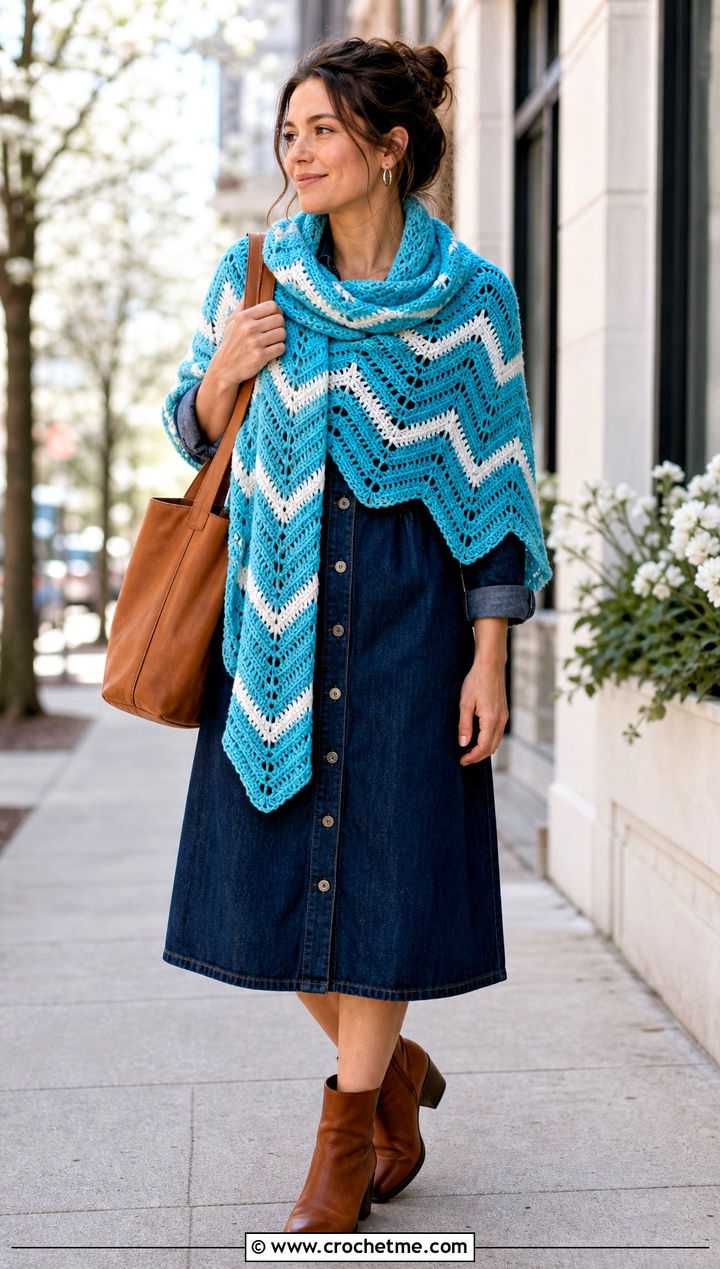 Chevron Crochet Shawl With Denim Dress - 30 boho crochet shawl outfit ideas
