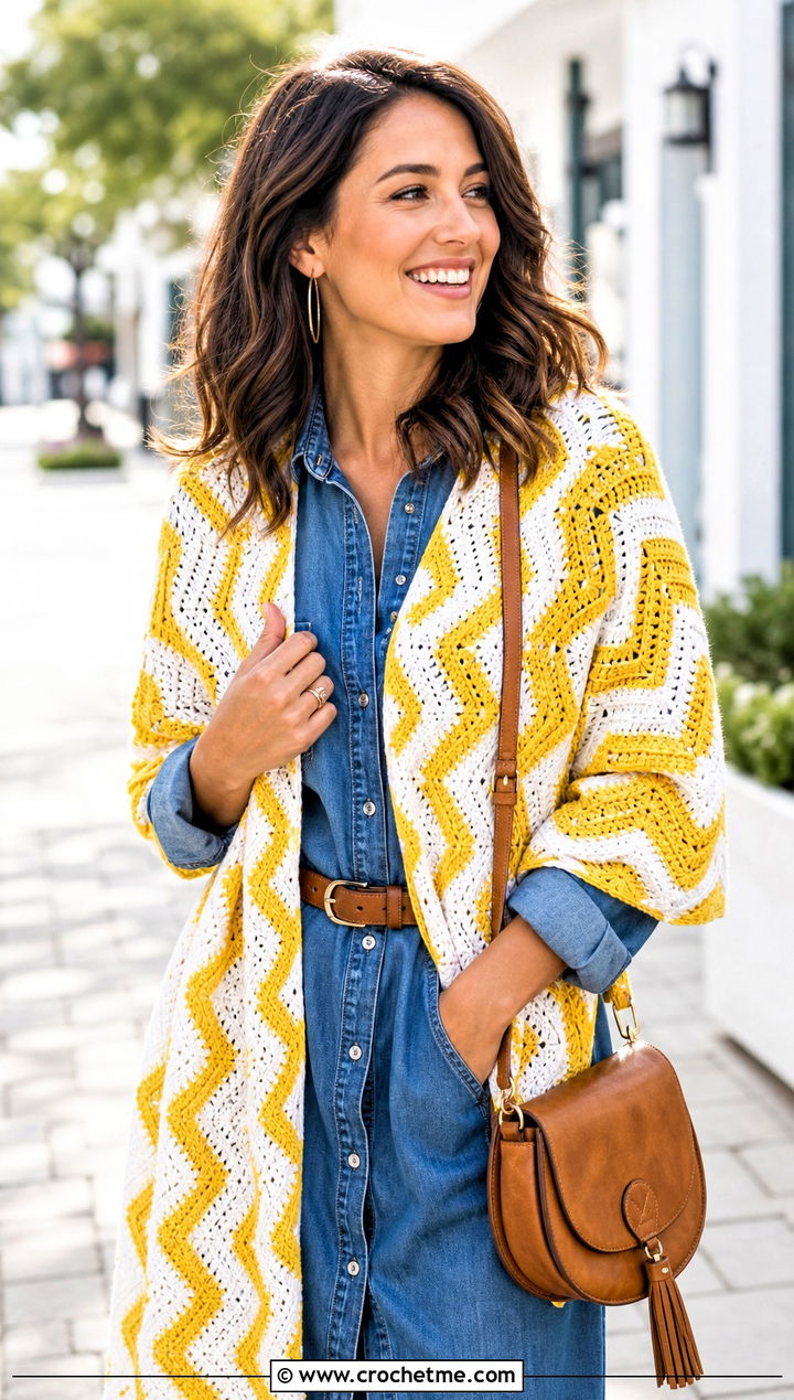 Chevron Crochet Shawl With Denim Shirt Dress - 25 Spring Crochet Shawl outfit ideas