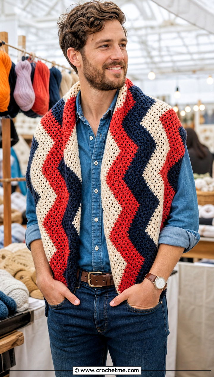 Chevron Crochet Shawl With Denim Shirt - 30 crochet shawl for men outfit ideas