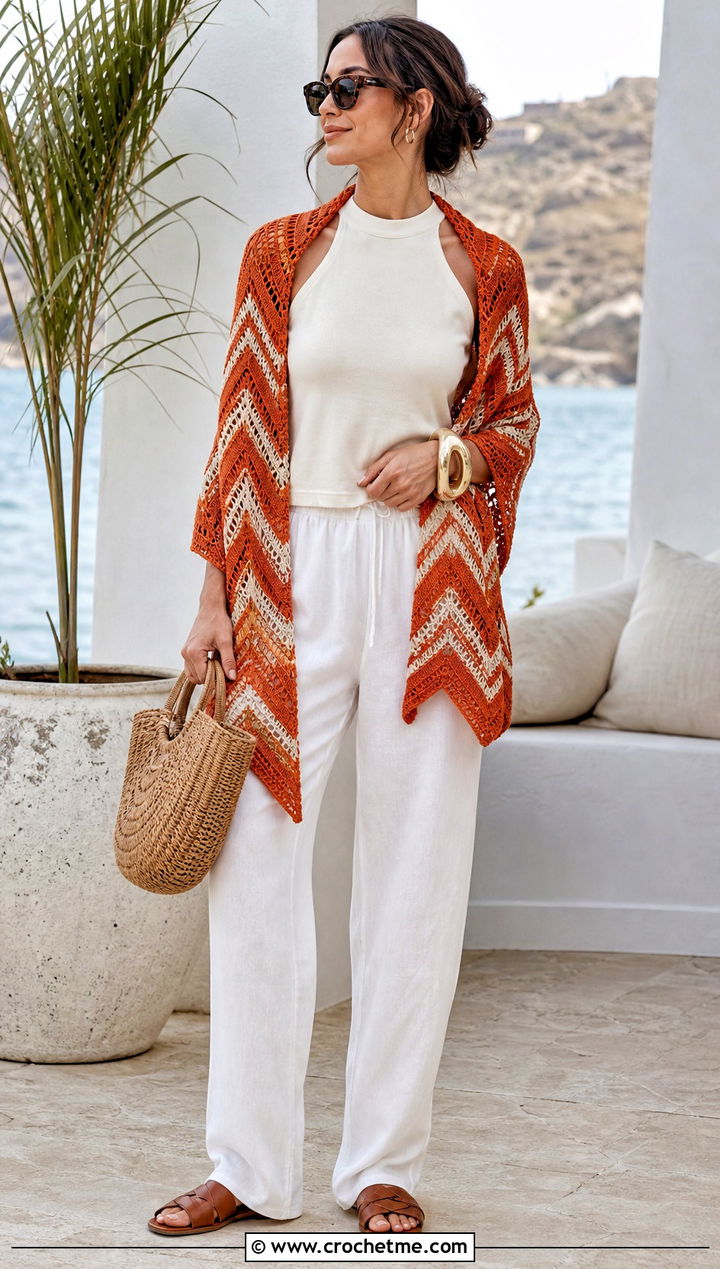 Chevron Crochet Shawl With Linen Pants - 30 summer crochet shawl outfit ideas