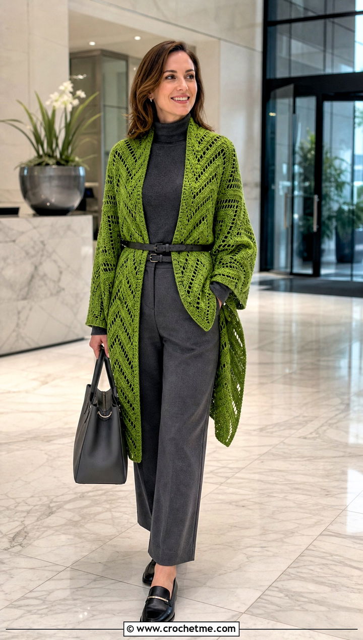 Chevron Crochet Shawl With Monochrome Outfit - 30 crochet shawl wraps outfit ideas