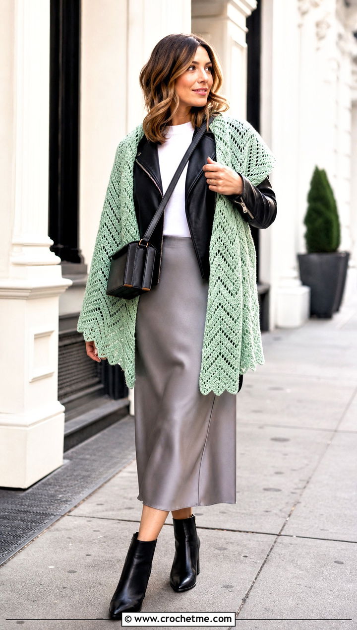 Chevron Crochet Shawl With Moto Jacket And Midi Skirt - 35 quick crochet shawl outfit ideas
