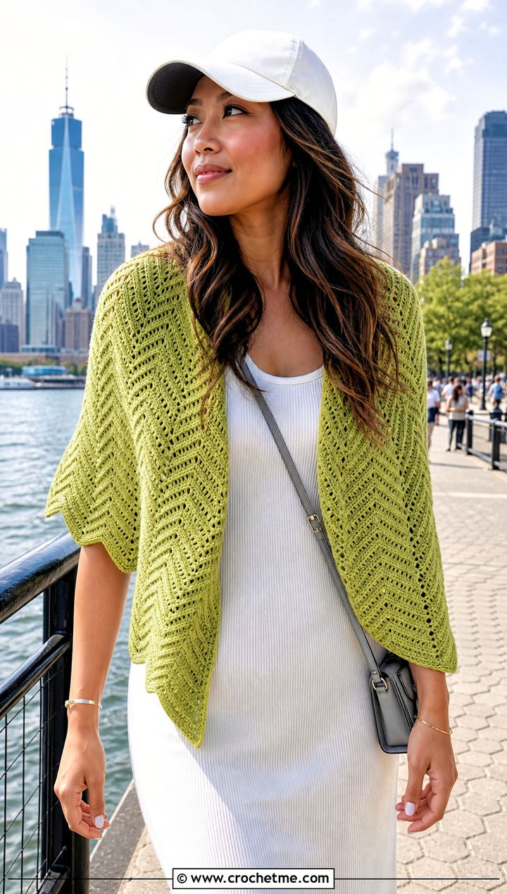 Chevron Crochet Shawl With Sporty Midi Dress - 20 Light Weight Crochet Shawl outfit ideas