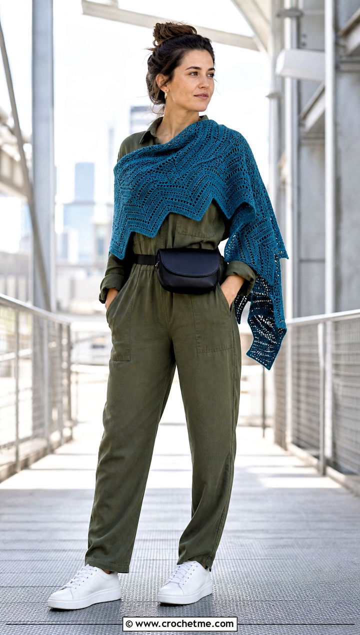 Chevron Crochet Shawl With Utility Jumpsuit - 35 easy crochet shawl outfit ideas