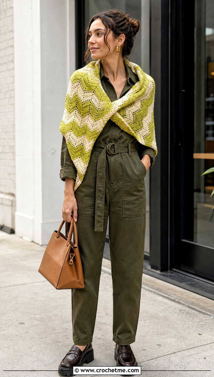 Chevron Crochet Shawl With Utility Jumpsuit - 20 Elegant Crochet Shawl outfit ideas