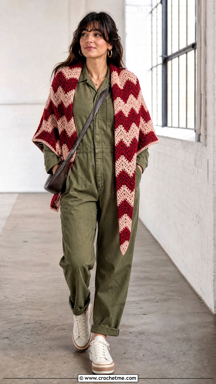 Chevron Crochet Shawl With Utility Jumpsuit - 35 crochet shawls and wraps outfit ideas