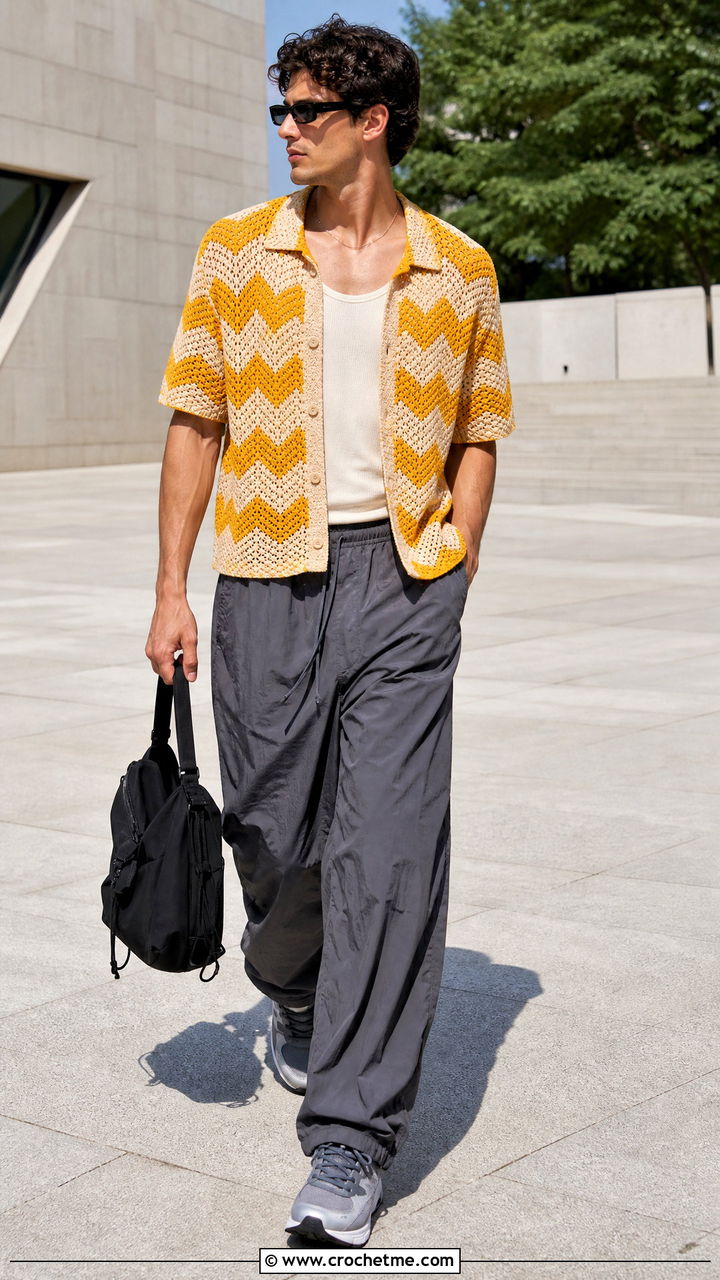 Chevron Crochet Shirt With Parachute Pants - 35 crochet men shirt outfit ideas