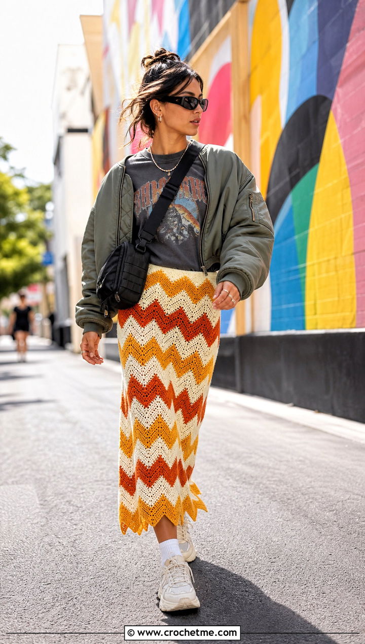 Chevron Crochet Skirt With Graphic T Shirt - 25 Simple Crochet Skirt outfit ideas