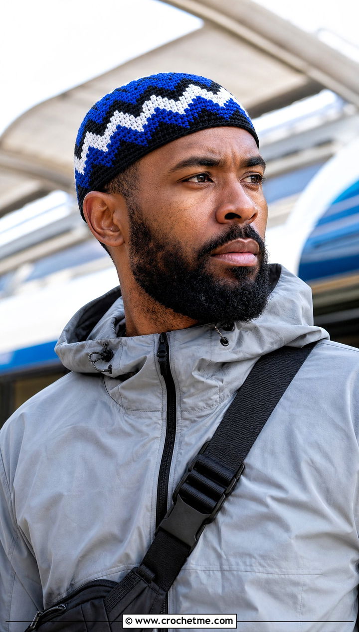 Chevron Crochet Skull Cap With Windbreaker And Nylon Pants - 25 Crochet Skull Cap For Men outfit ideas