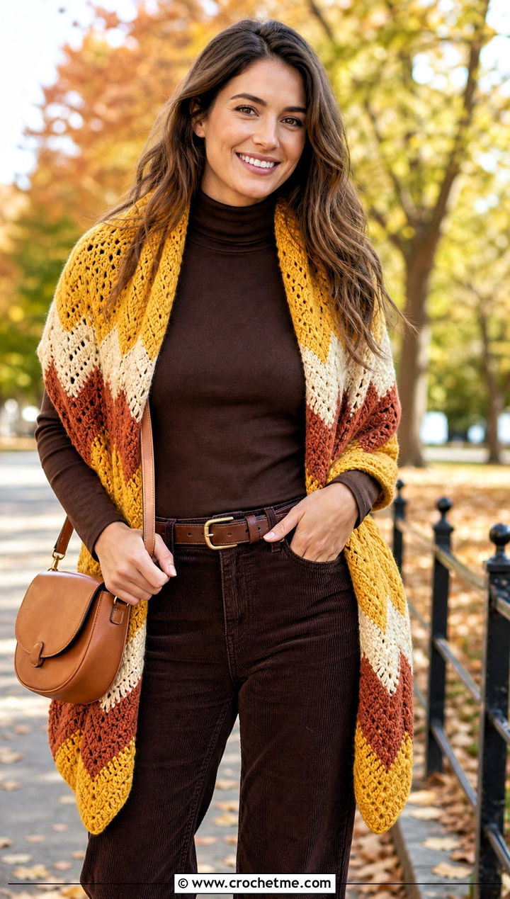 Chevron Crochet Sleeve Scarf With Corduroy Pants - 30 crochet sleeve scarf outfit ideas
