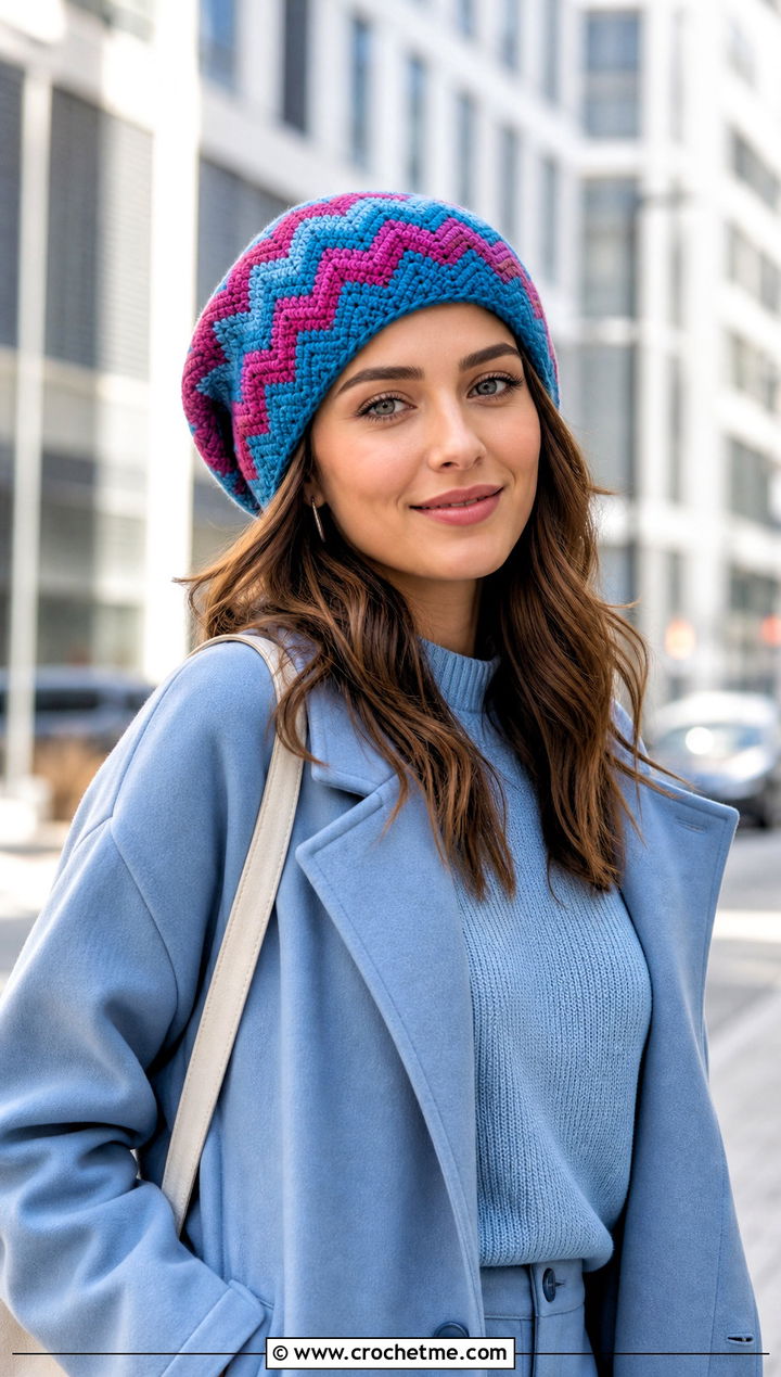 Chevron Crochet Slouch Beanie With Monochrome Outfit - 35 crochet slouch beanie outfit ideas