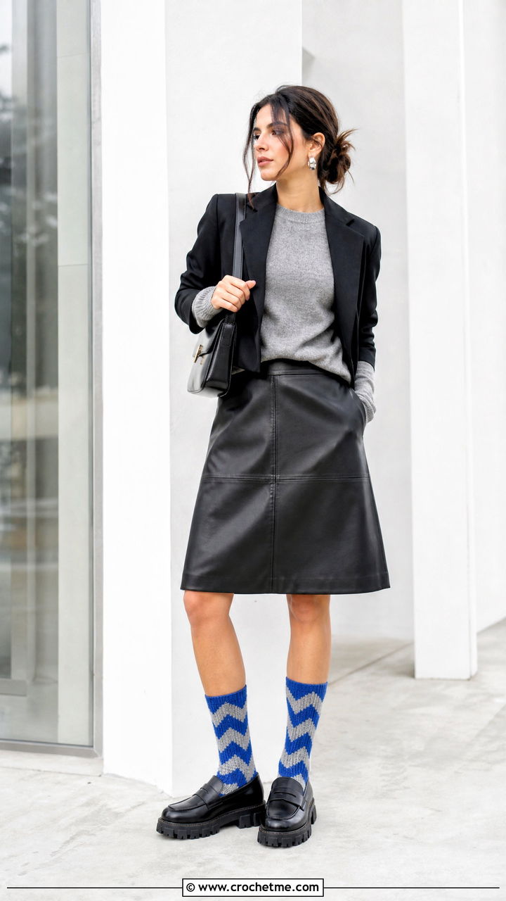 Chevron Crochet Socks With Leather Skirt - 35 easy crochet socks outfit ideas