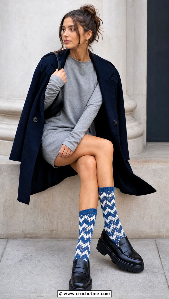Chevron Crochet Socks With Mini Dress And Platform Loafers - 25 Quick Crochet Socks outfit ideas