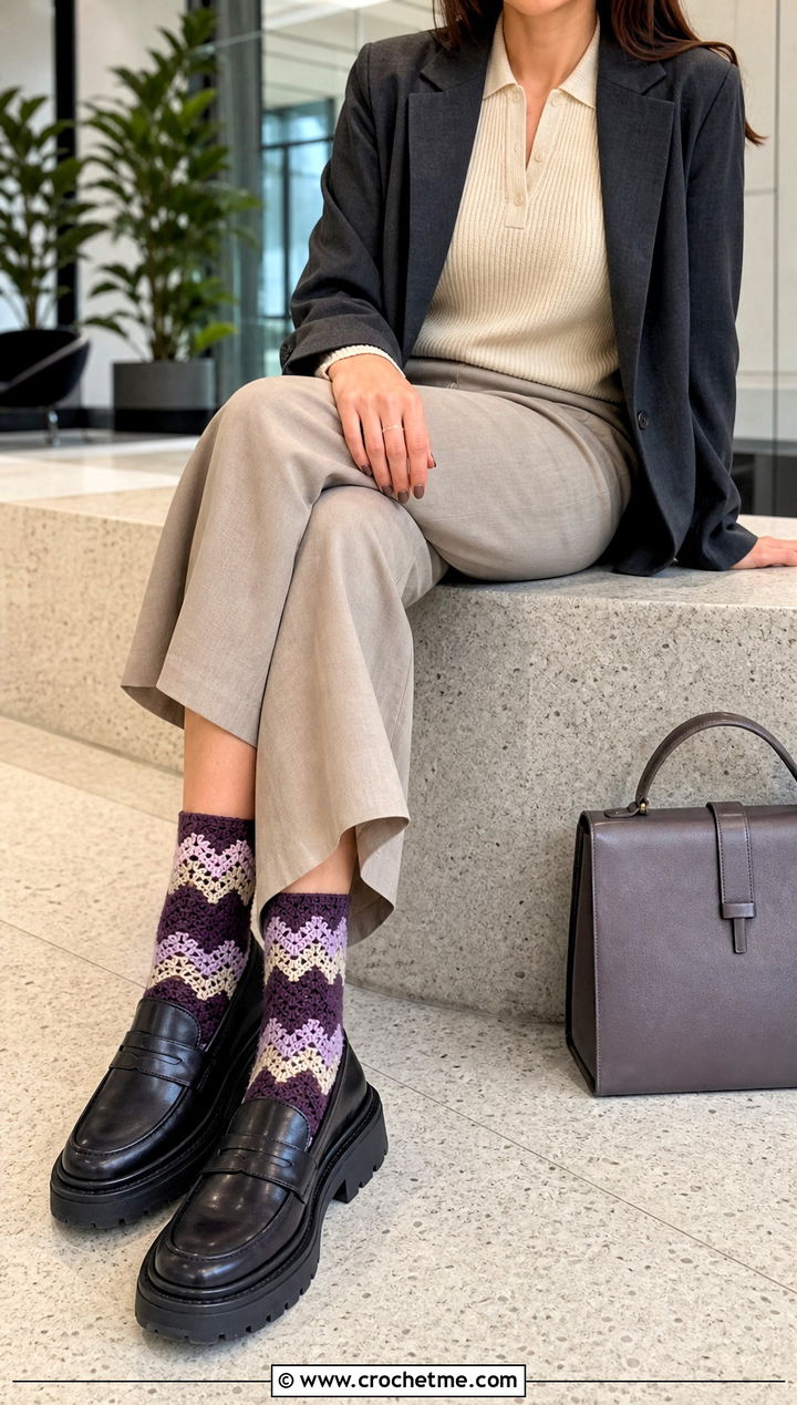 Chevron Crochet Socks With Platform Loafers And Wide Leg Pants - 25 Crochet Socks For Women outfit ideas