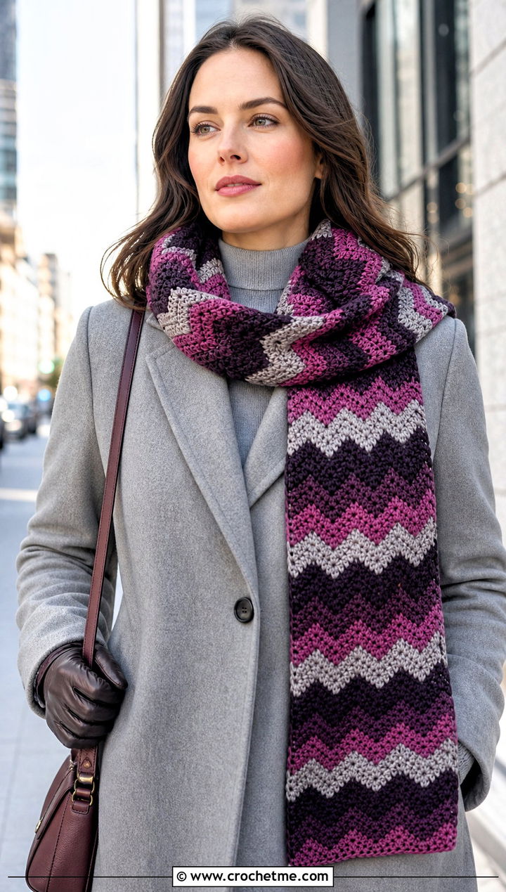 Chevron Crochet Striped Scarf With Wool Coat - 25 crochet striped scarf outfit ideas