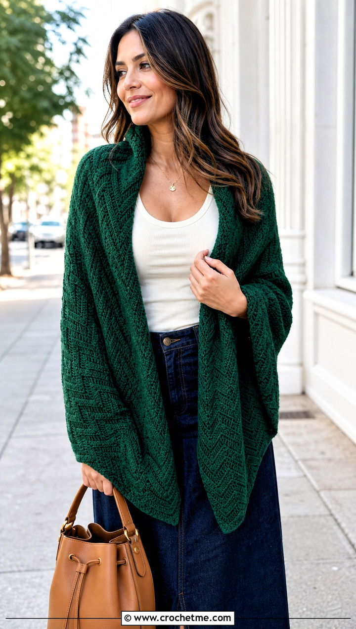 Chevron Crochet Sweater Scarf Wrap With Denim Midi Skirt - 30 crochet scarf sweater wrap outfit ideas