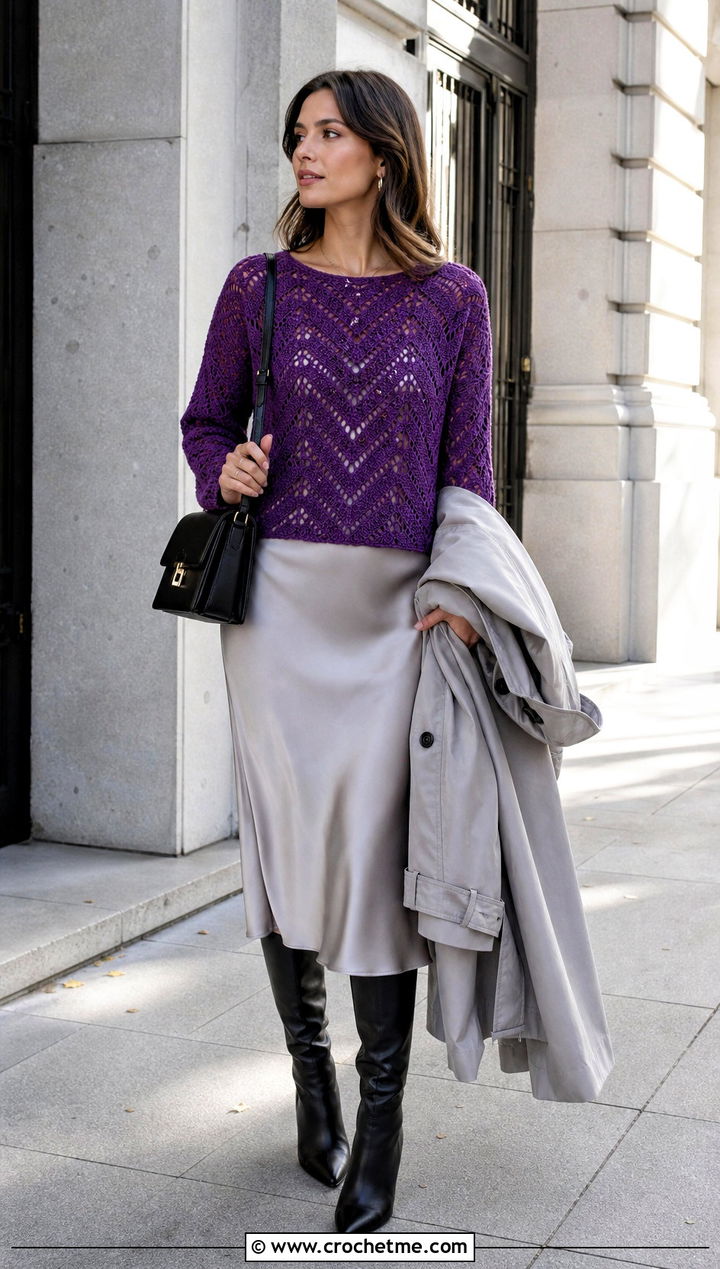Chevron Crochet Sweater Top Over A Slip Dress - 30 crochet chevron top outfit ideas
