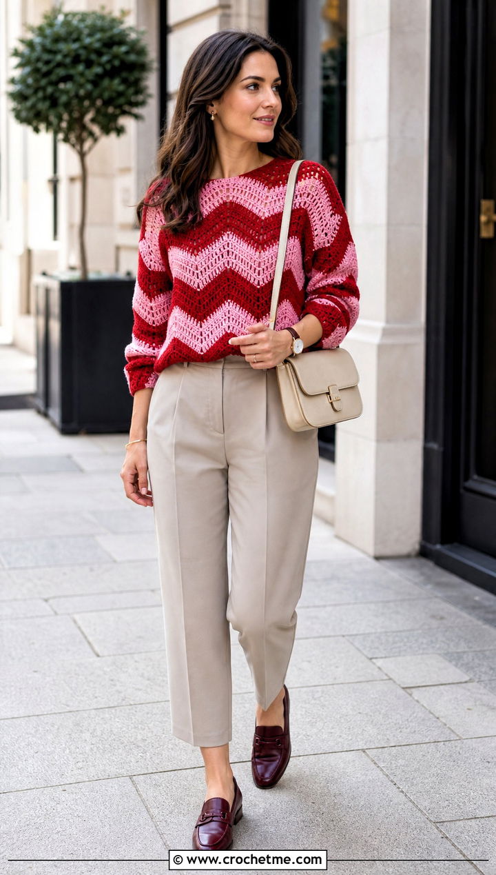 Chevron Crochet Sweater With Cropped Trousers - 35 summer crochet sweater outfit ideas