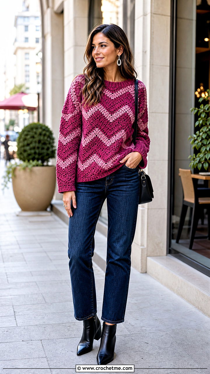 Chevron Crochet Sweater With Dark Wash Jeans - 35 cute crochet sweaters outfit ideas