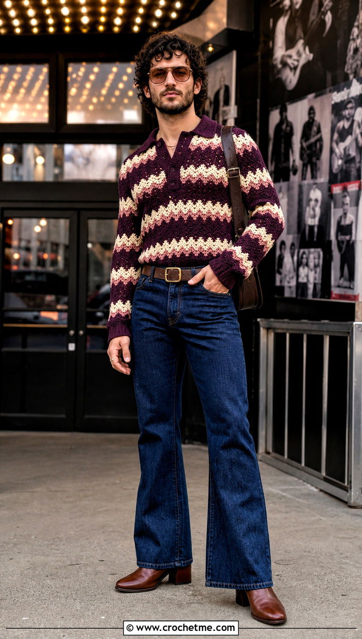 Chevron Crochet Sweater With Flared Jeans - 30 male crochet sweater outfit ideas