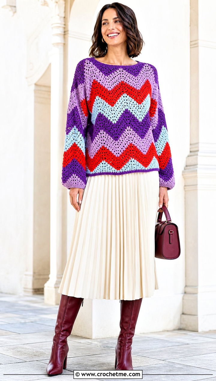Chevron Crochet Sweater With Pleated Midi Skirt - 25 Colorful Crochet Sweater Ideas