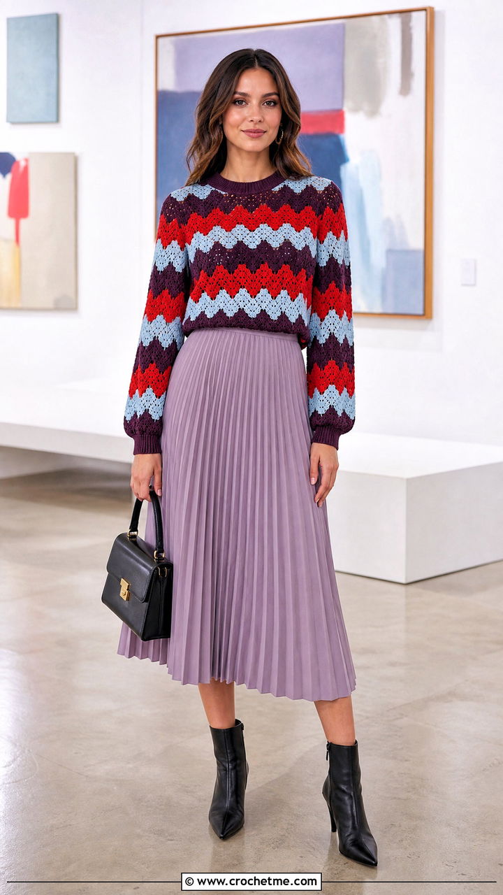 Chevron Crochet Sweater With Pleated Midi Skirt - 35 colorful crochet sweater outfit ideas