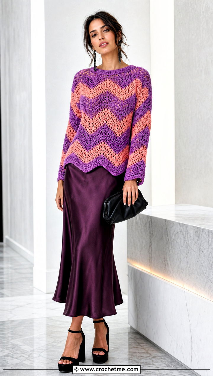 Chevron Crochet Sweater With Satin Slip Skirt - 15 Crochet Sweater 70S outfit ideas