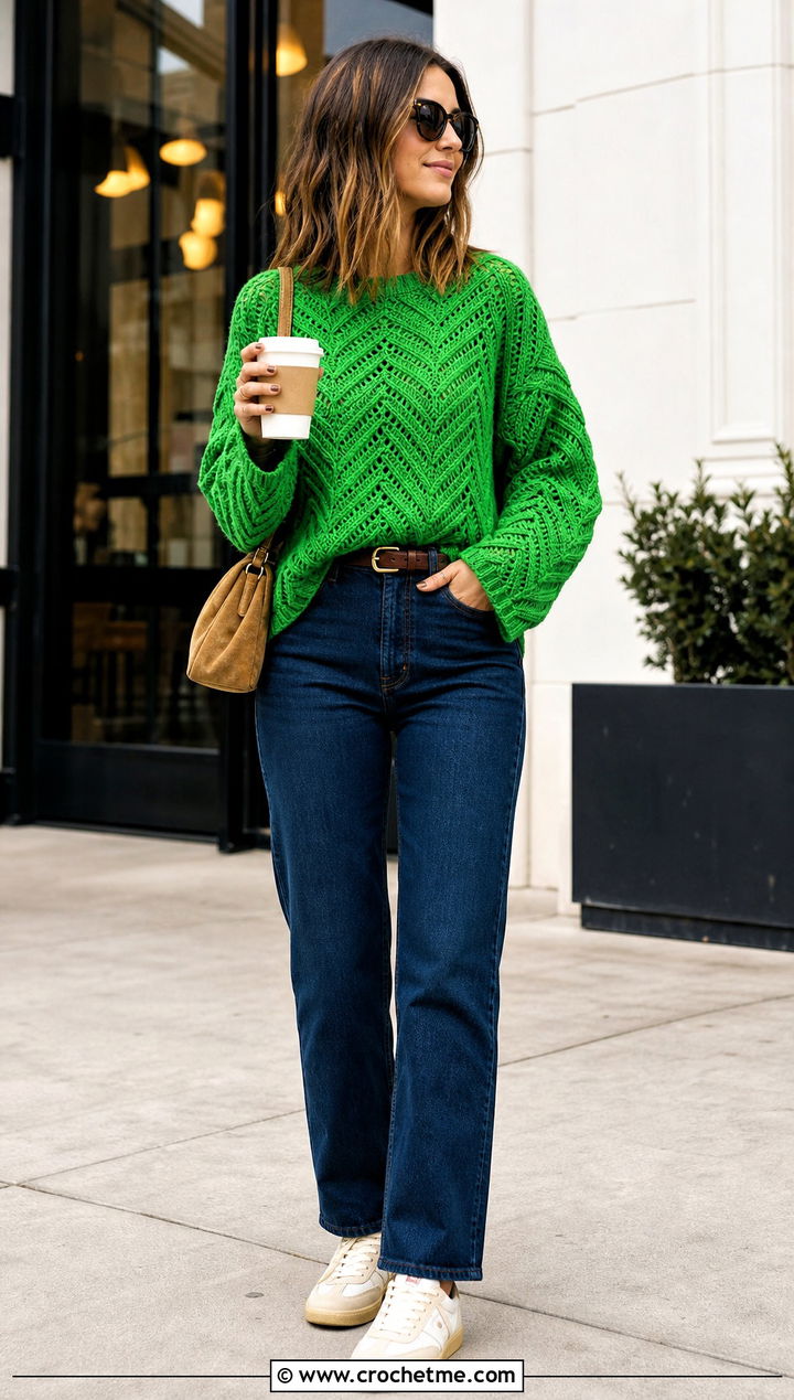 Chevron Crochet Sweater With Straight Leg Jeans - 25 vintage crochet sweater outfit ideas