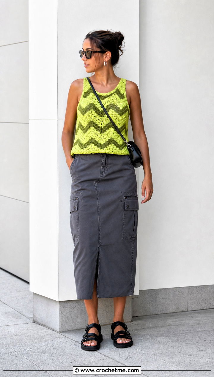 Chevron Crochet Tank Top With A Cargo Midi Skirt - 20 different types of crochet tops outfit ideas