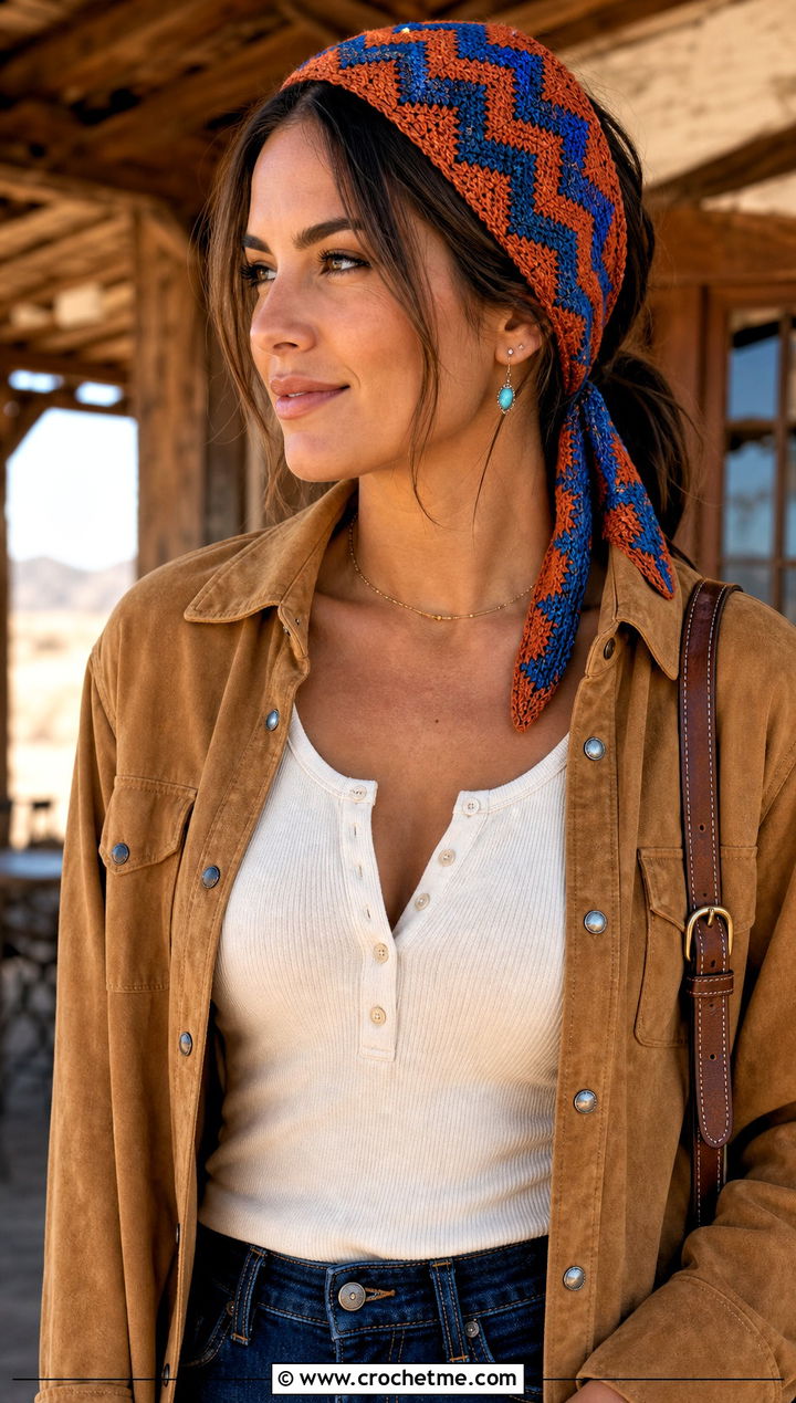 Chevron Crochet Tie Headband With Western Denim - 35 crochet tie headband outfit ideas