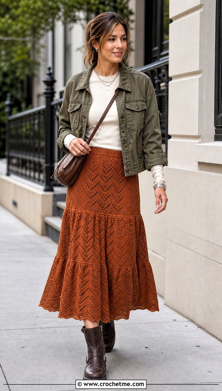 Chevron Crochet Tiered Midi Skirt With Moto Boots - 35 crochet tiered skirt outfit ideas