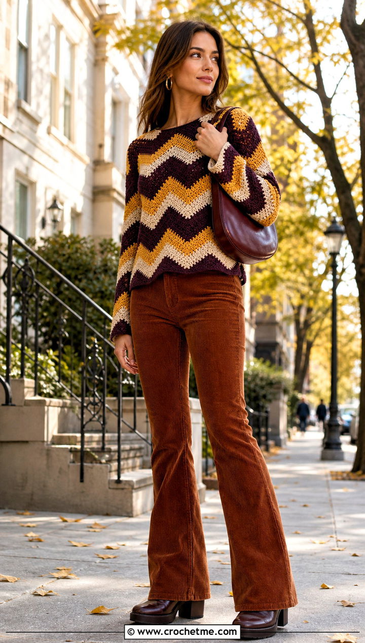 Chevron Crochet Top With Corduroy Flares - 25 70S Inspired Crochet Top outfit ideas