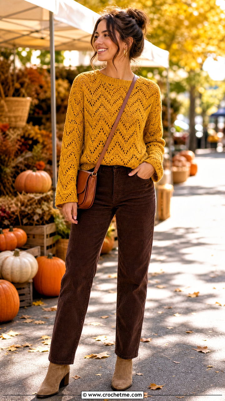 Chevron Crochet Top With Corduroy Pants - 35 crochet top with sleeves outfit ideas