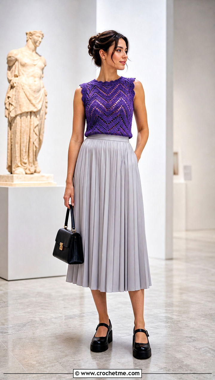 Chevron Crochet Top With Pleated Midi Skirt - 30 70s crochet top outfit ideas