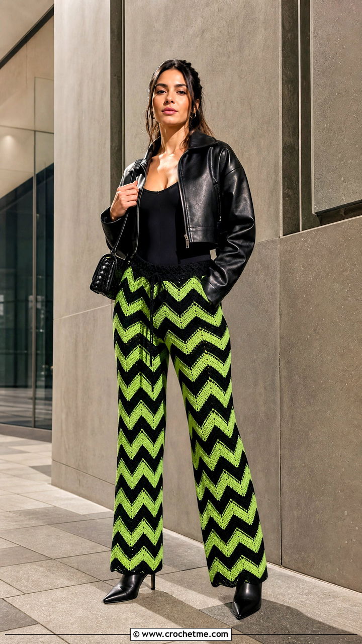 Chevron Crochet Trousers With Leather Jacket - 35 crochet trousers outfit ideas