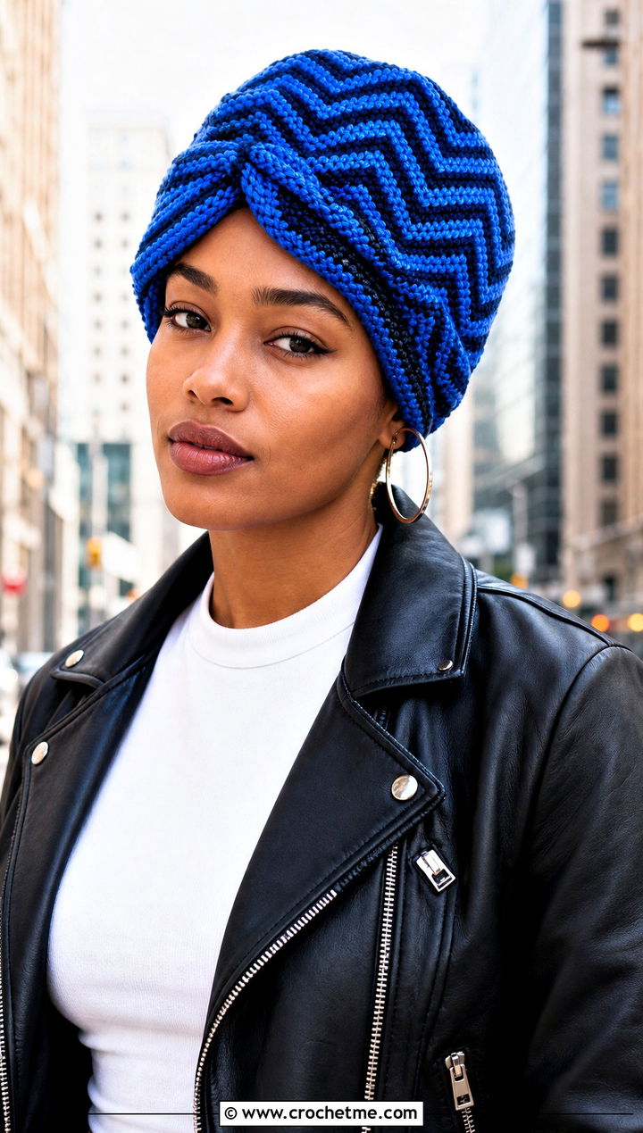 Chevron Crochet Turban Hat With Moto Jacket And Black Jeans - 35 crochet turban hat outfit ideas