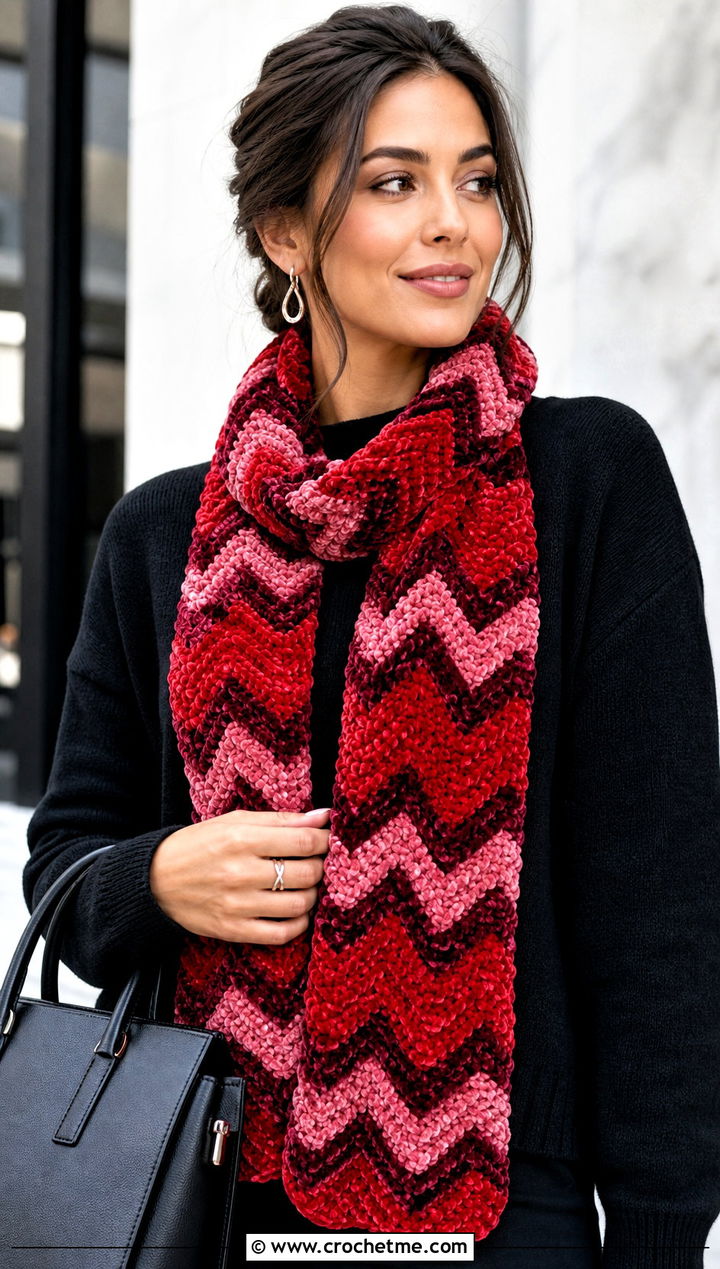 Chevron Crochet Velvet Scarf With Monochrome Outfit - 25 Crochet Velvet Scarf outfit ideas