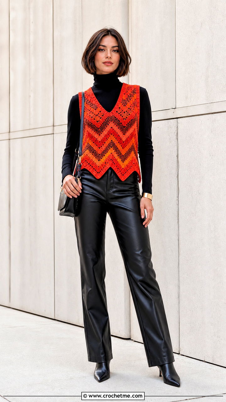 Chevron Crochet Vest With Faux Leather Pants - 35 boho crochet vest outfit ideas