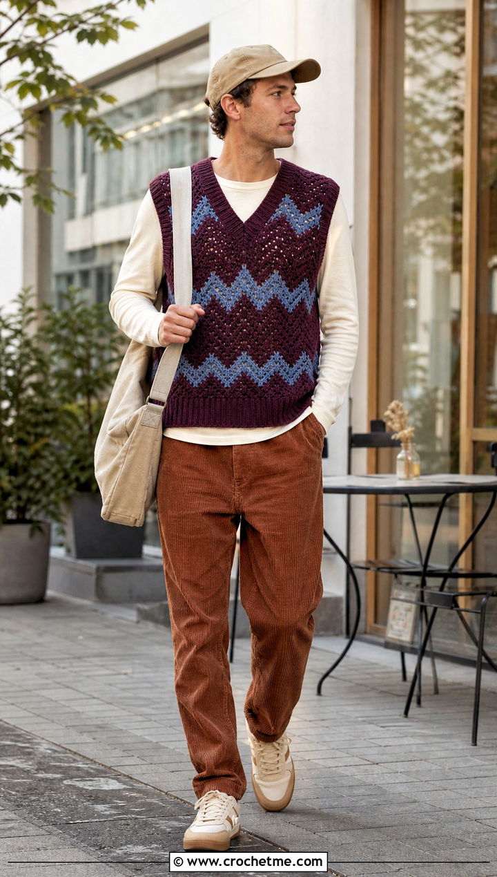 Chevron Crochet Vest With Long Sleeve T Shirt And Corduroy Pants - 30 mens crochet vest outfit ideas