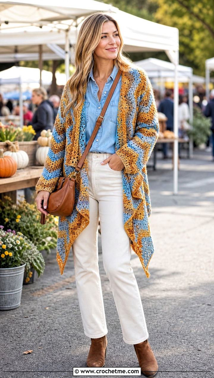 Chevron Crochet Waterfall Cardigan With Denim Shirt - 25 crochet waterfall cardigan outfit ideas