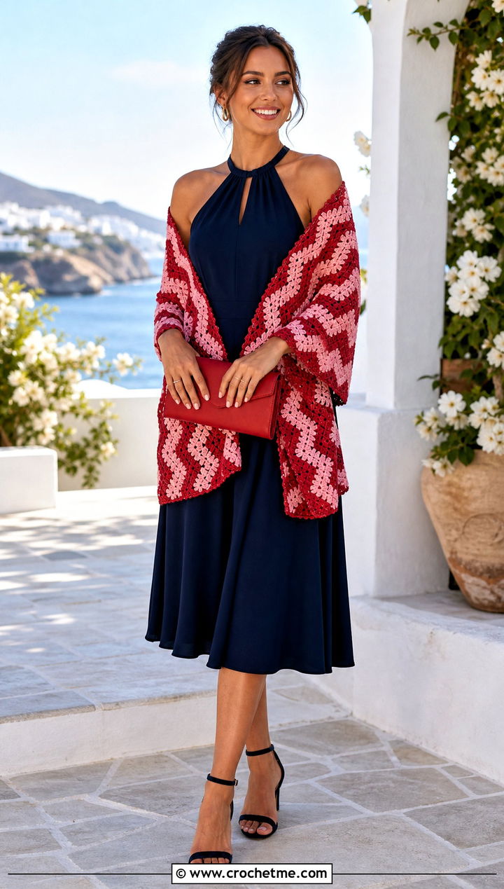 Chevron Crochet Wedding Shawl With Halter Dress - 35 crochet wedding shawl outfit ideas