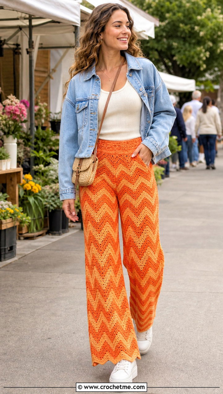 Chevron Crochet Wide Leg Pants With Denim Jacket - 25 crochet wide leg pants outfit ideas