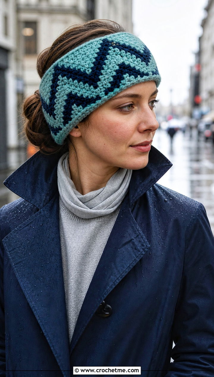 Chevron Crochet Winter Headband With Trench Coat - 15 crochet winter head band outfit ideas
