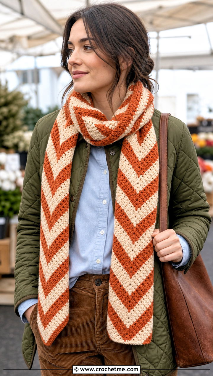 Chevron Crochet Winter Scarf With Quilted Jacket - 35 crochet winter scarf outfit ideas