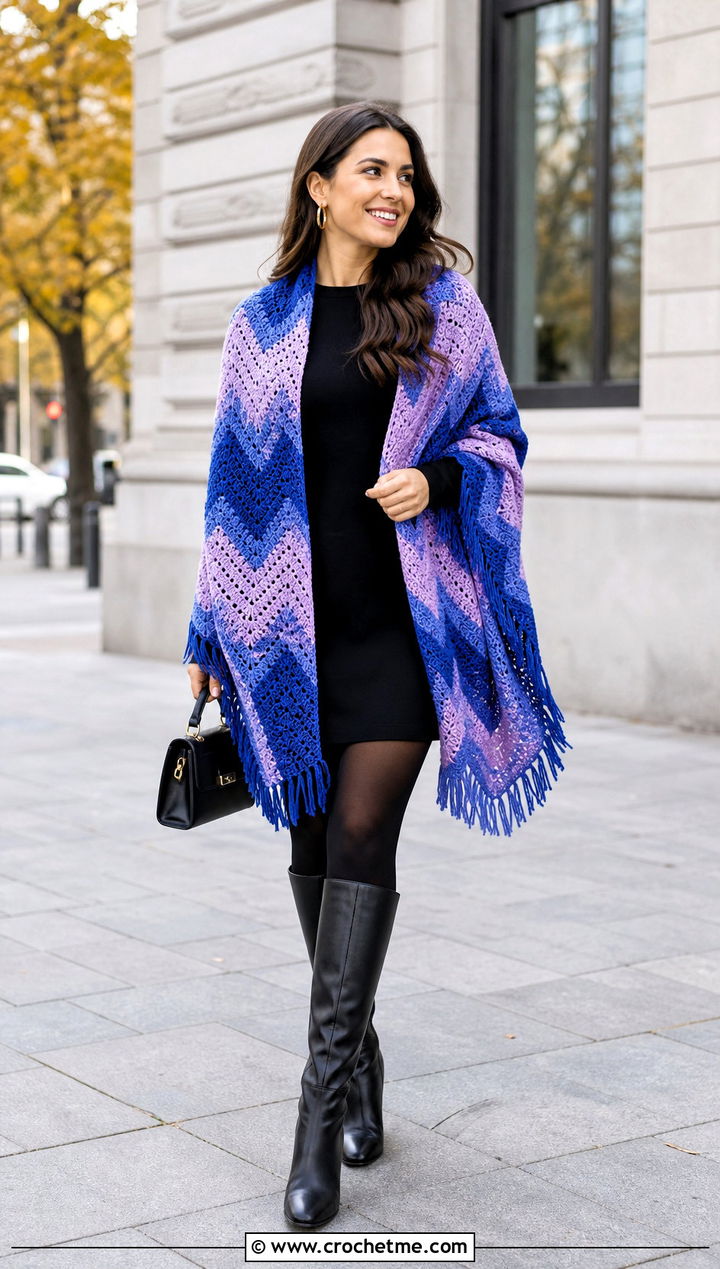 Chevron Crochet Wrap Shawl With Mini Dress And Boots - 35 crochet wrap shawl outfit ideas