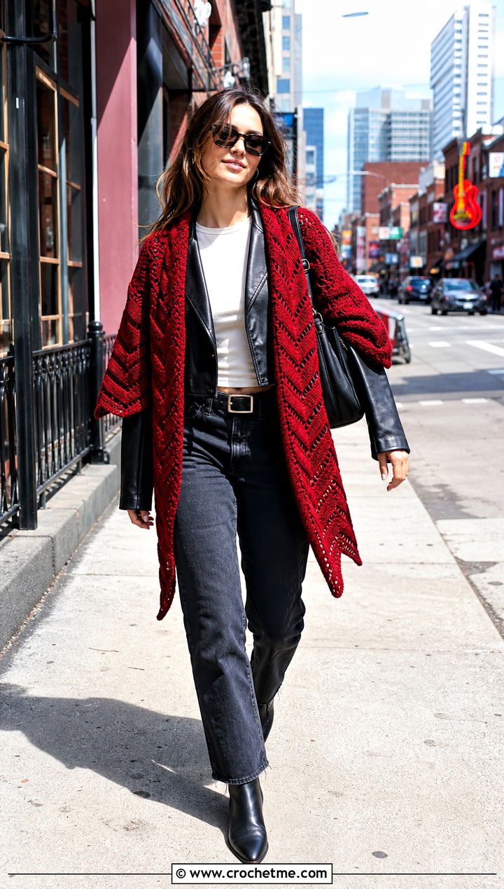 Chevron Crochet Wrap With Leather Jacket And Straight Jeans - 15 Crochet Spring Wrap outfit ideas