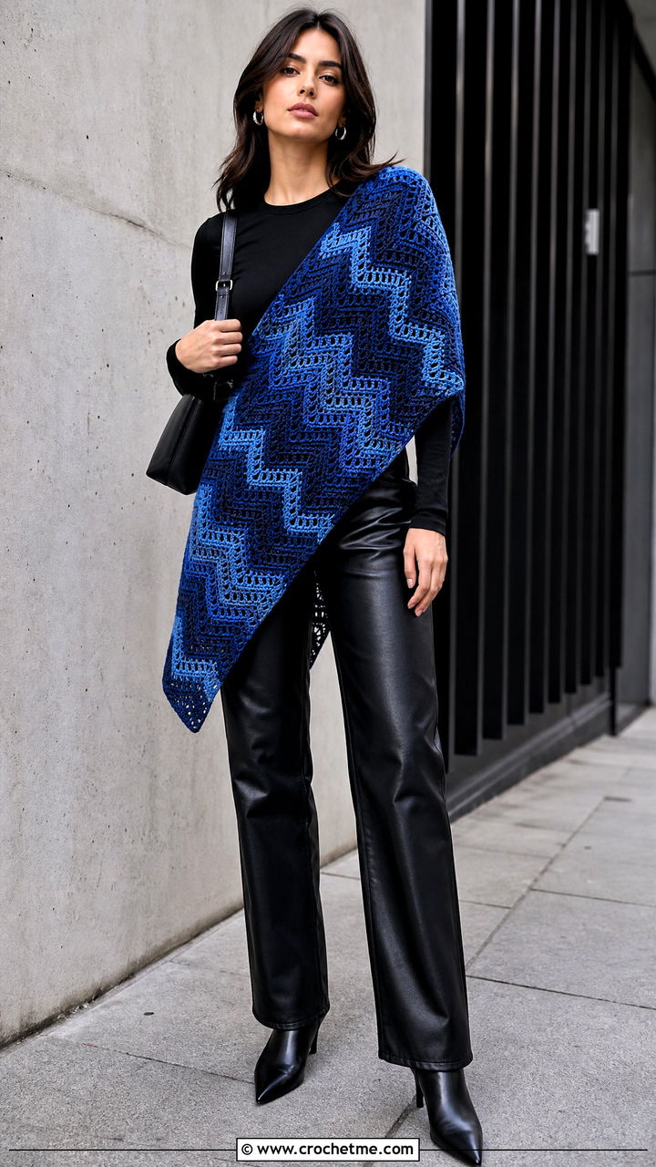 Chevron Crochet Wrap With Leather Pants - 35 crochet wrap outfit ideas